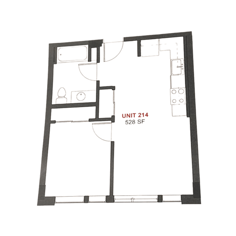 Floor plan for 1 bed, 1 bath, 579 sqft